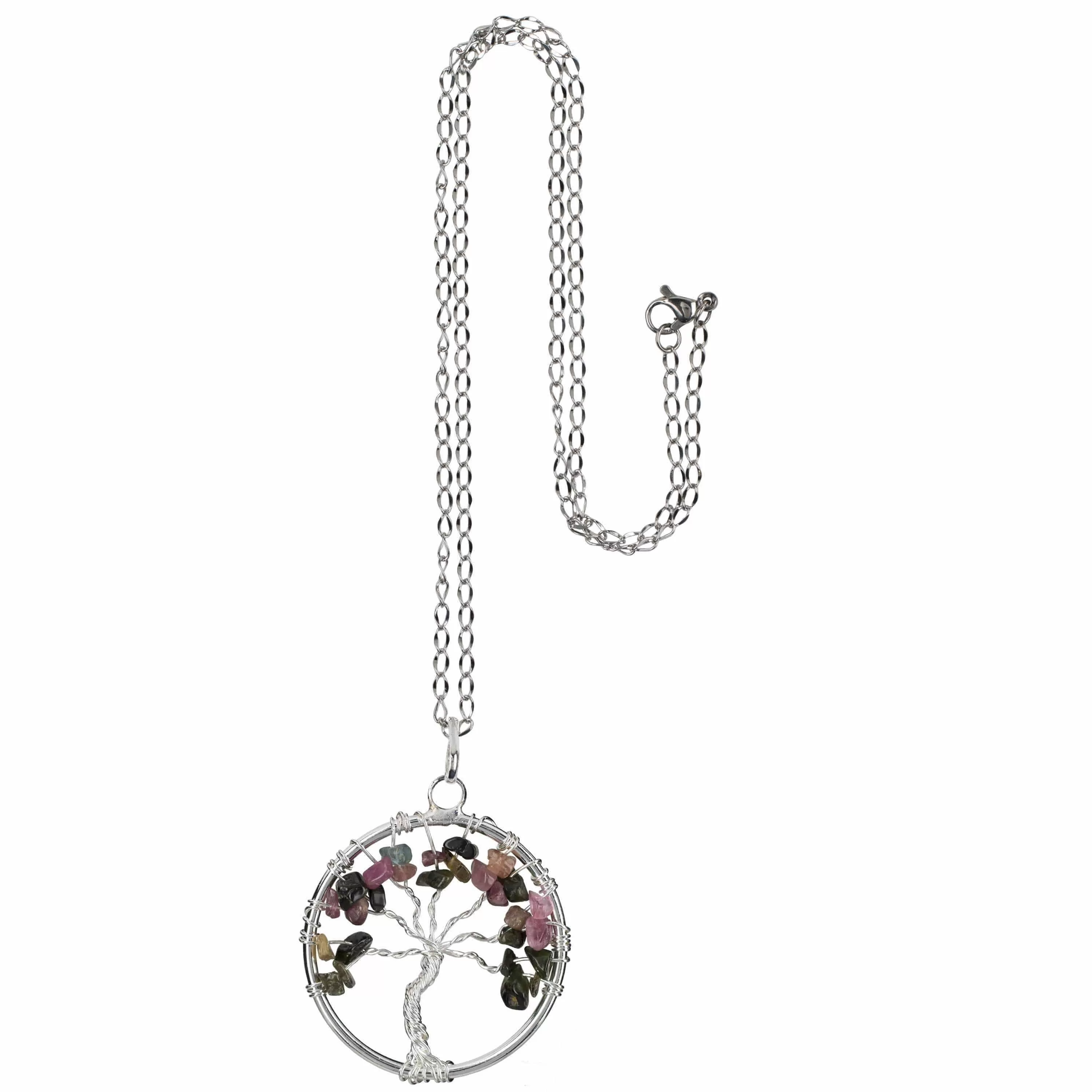 Tourmaline Chakra Gemstone Tree of Life Necklace & Stainless Steel Chain