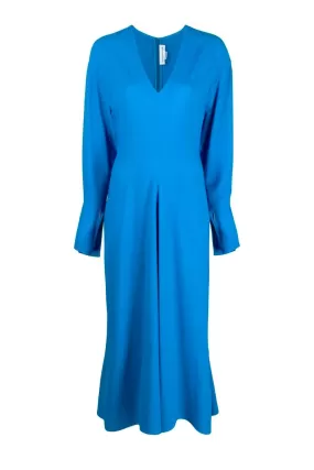 Victoria Beckham V Neck Fit & Flare Midi Dress - Bright Blue