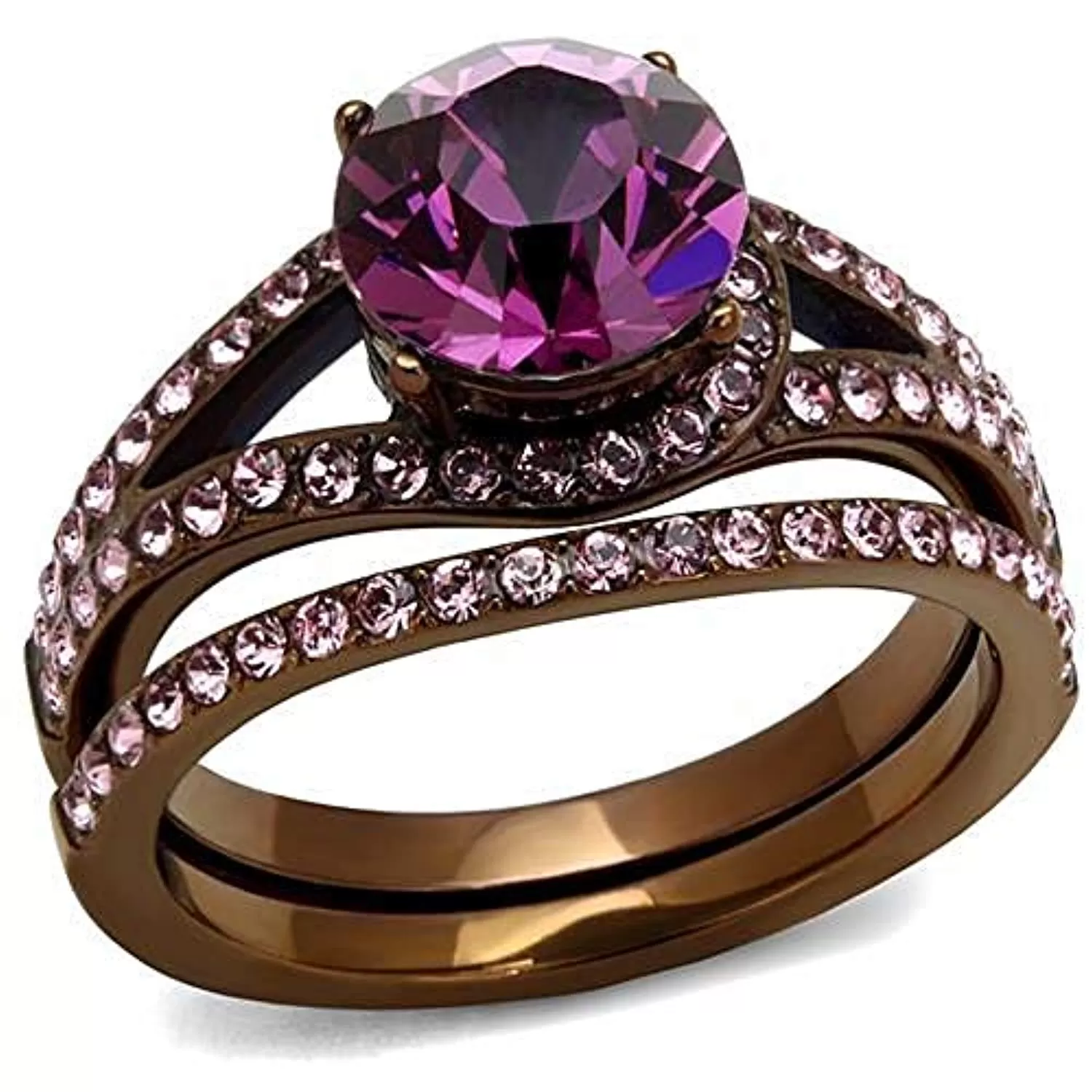 WildKlass Stainless Steel Ring IP Coffee Light Women Top Grade Crystal Amethyst