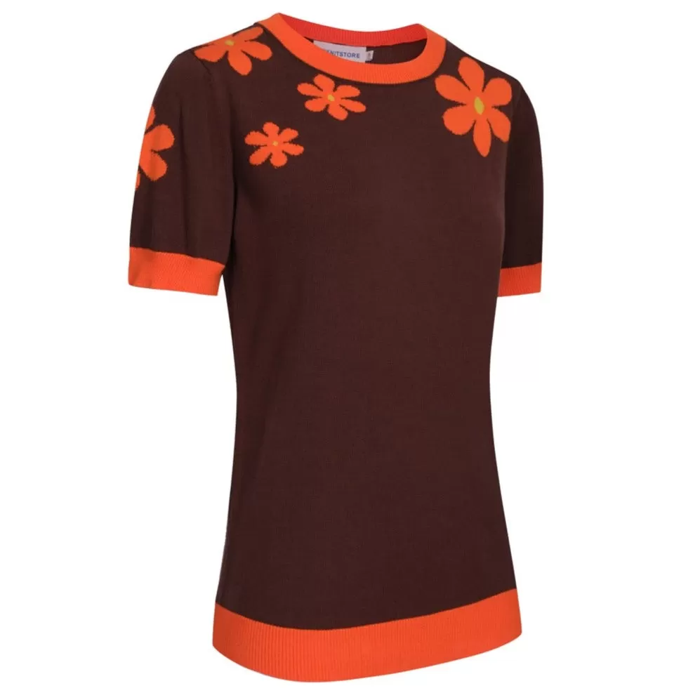 Women Orange Flowers Short Sleeves Brown Knitwear