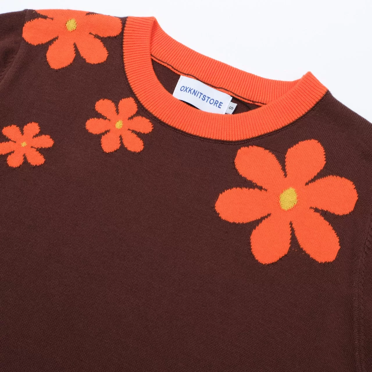 Women Orange Flowers Short Sleeves Brown Knitwear