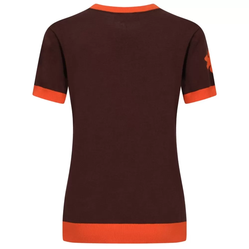 Women Orange Flowers Short Sleeves Brown Knitwear