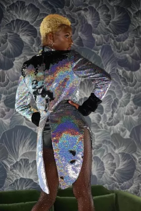 Womens Holographic Silver Sequin Tailcoat