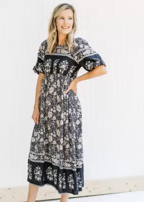 X Border Print Navy Dress