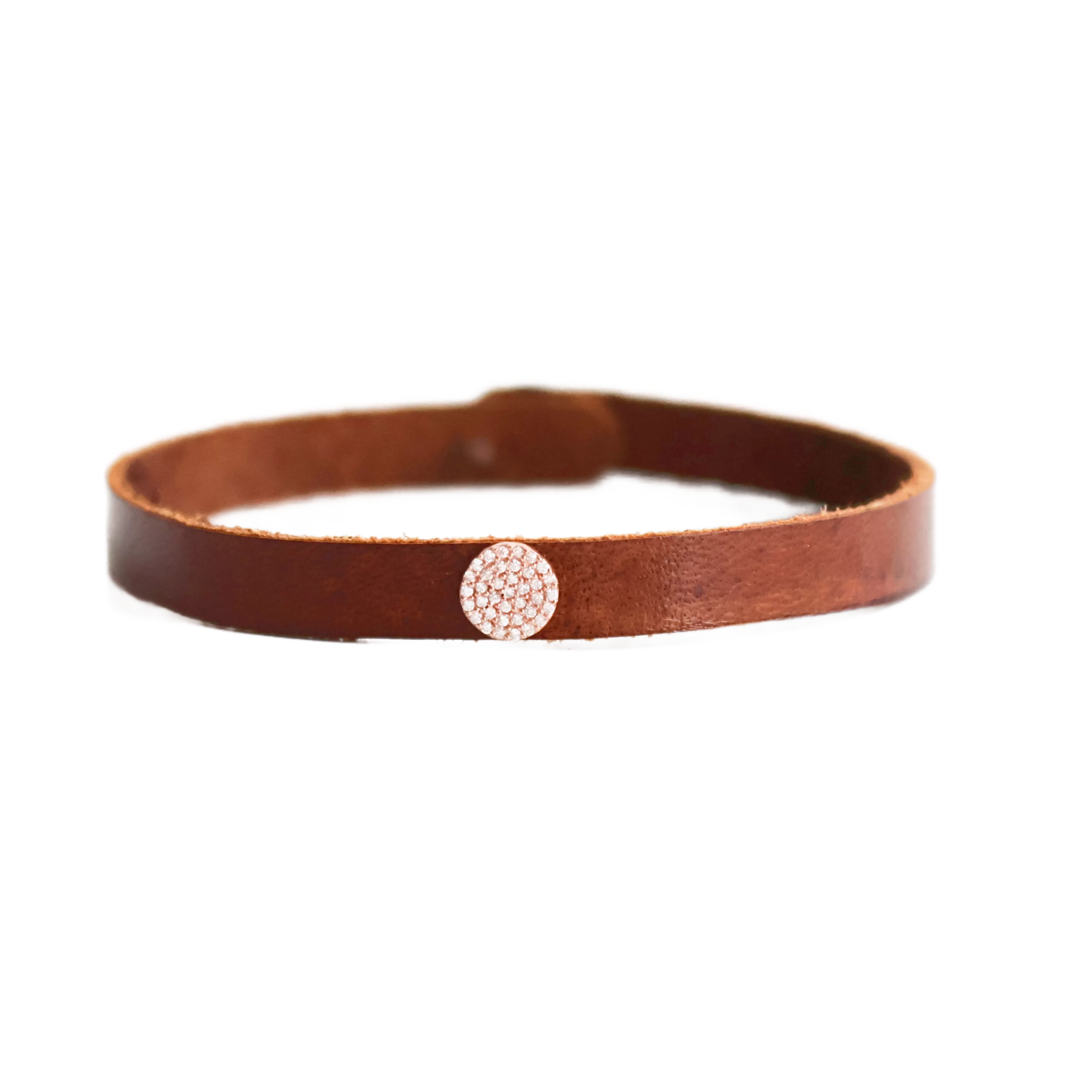 Yellow Gold Pave Diamond Disk Brown Leather Bracelet